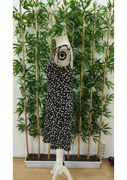 Kadın Ip Askılı Omuzlardan Bağcıklı Çiçek Desenli Süprem Elbise