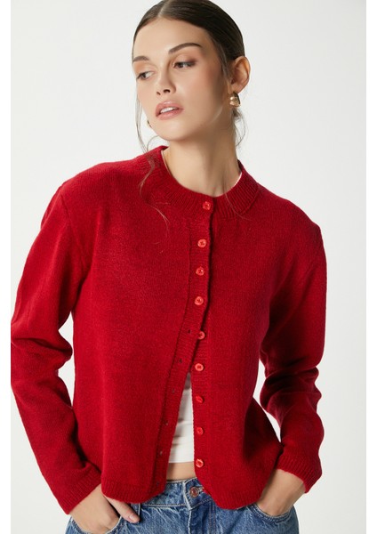 Kadın Nina Bisiklet Yaka Kırmızı Basic Hırka