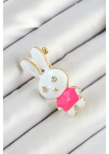 Zirkon Taş Detaylı Beyaz ve Pembe 3D Tavşan Figürlü Kadın Broş - TJ-BR436