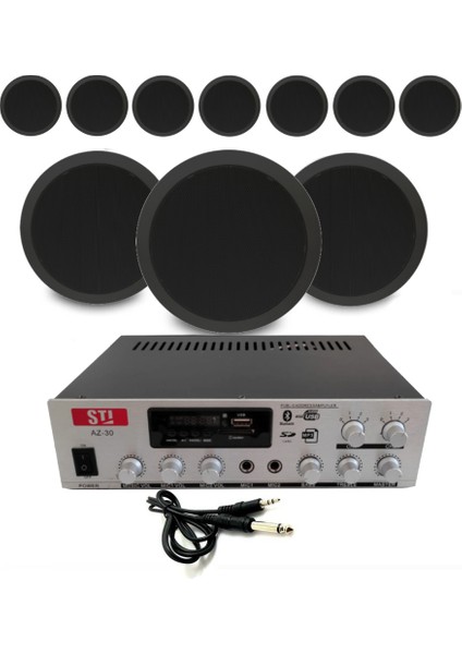 10’lu Siyah Tavan Hoparlörlü 100V Anfi Ses Sistemi | Kafe Mağaza Ses Sistemi