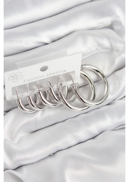 Pirinç Halka Model Gümüş Renk Kadın Set Küpe - TJ-BKP11056