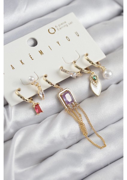 Pirinç Zirkon Taşlı Sallantılı Ve İncili Gold Renk 6'lı Küpe Set - TJ-BKP11204