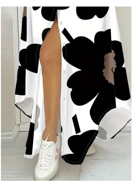 Kadın Yakalı Önden Düğmeli Çiçek Desenli Uzun Süprem Elbise fırsatları