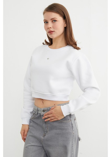 3 Iplik Kalp Aksesuarlı Crop Sweatshirt indirimleri