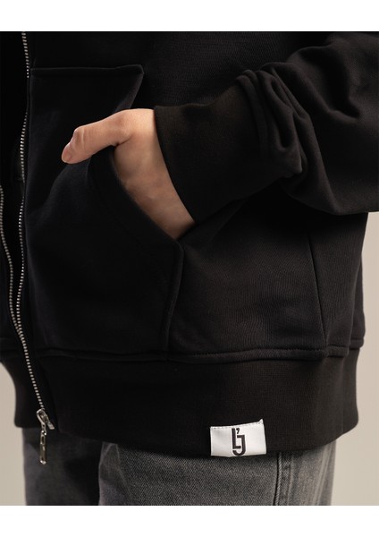 Rise Kadın Nakışlı Kanguru Cepli Oversize %100 Organik Pamuk Fermuarlı Kapüşonlu Siyah Sweatshirt fırsatları