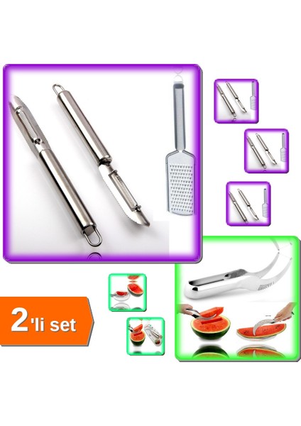 Karpuz Dilimleme Bıçağı + Soyacak ve Rende 2li Mutfak Seti Paslanmaz Çelik Inox - 9TRX5A