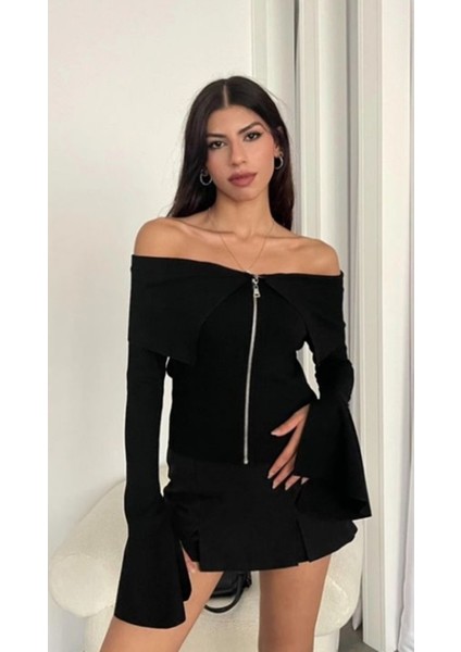 Barkot Yaka-Salaş Yakalı- Ispanyol Kol Fermuarlı Hırka Bluz