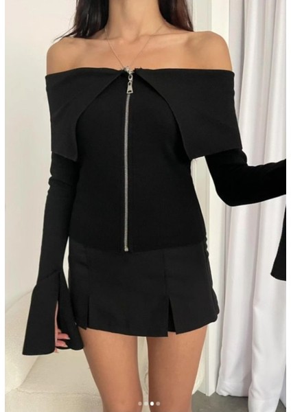 Barkot Yaka-Salaş Yakalı- Ispanyol Kol Fermuarlı Hırka Bluz fırsatları