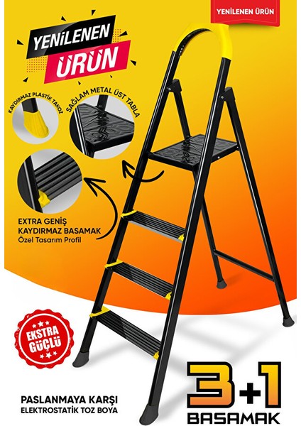 Ze Hardy 3+1 Basamaklı Özel Tasarım Hafif Merdiven (Kaymaz Papuçlu) Paslanmaz