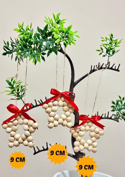 3 Adet Ahşap Boncuklu Yıldız Duvar Süsü (Kırmızı Kurdeleli) - 9 cm-Hediyelik Dekorasyon