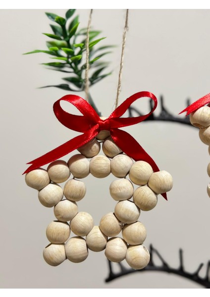3 Adet Ahşap Boncuklu Yıldız Duvar Süsü (Kırmızı Kurdeleli) - 9 cm-Hediyelik Dekorasyon fiyatları