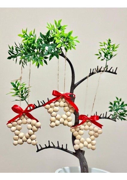 3 Adet Ahşap Boncuklu Yıldız Duvar Süsü (Kırmızı Kurdeleli) - 9 cm-Hediyelik Dekorasyon modelleri