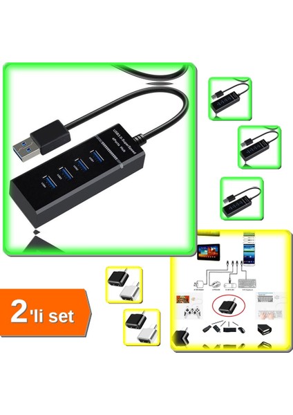 4 Girişli USB Çoğaltıcı + USB To Type - C Dönüştürücü - 2li Set GH789