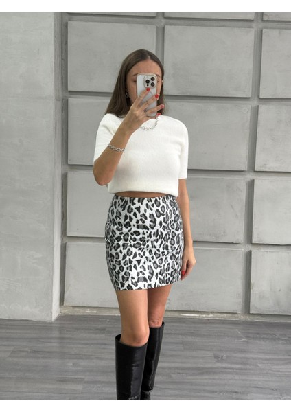 Deri Leopar Etek Siyah Beyaz