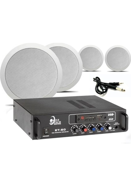 4’lü Beyaz Tavan Hoparlörlü 100V Anfi Ses Sistemi | Kafe Mağaza Ofis Müzik Seti