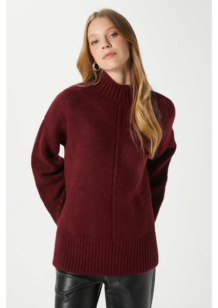 Kadın Wonder Yumuşacık Dik Yaka Bordo Yırtmaçlı Oversize Triko Kazak