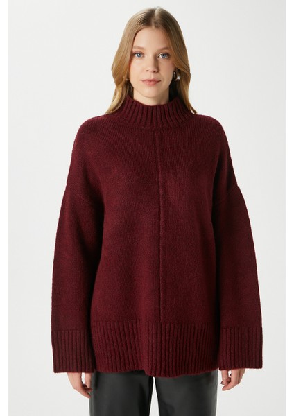 Kadın Wonder Yumuşacık Dik Yaka Bordo Yırtmaçlı Oversize Triko Kazak modelleri