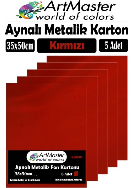 Kırmızı Renkli 35X50 Metalik Aynalı Fon Kartonu 5 Adet 1 Paket Artmaster Metalik Aynalı Fon Kartonu
