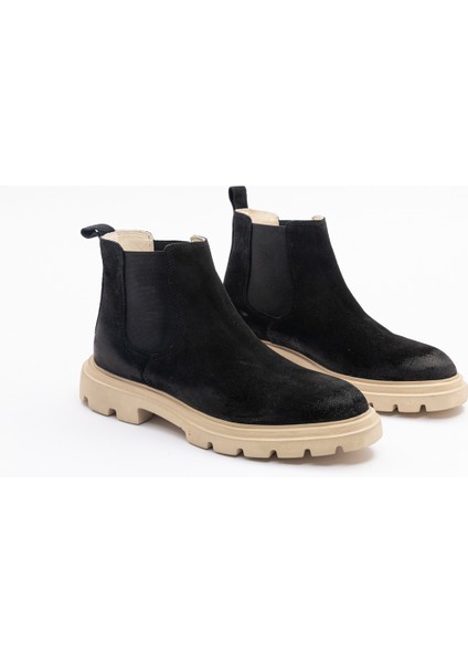 Erkek Kalın Tabanlı Tümyüz Lastikli Bot Siyah Nubuk Deri Bej Tbn