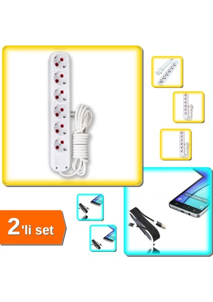 Android Çelik Örgü Şarj Data Kablosu Siyah + 3mt 6lı Topraklı Grup Priz Güvenli Kullanım - P6R4ZT