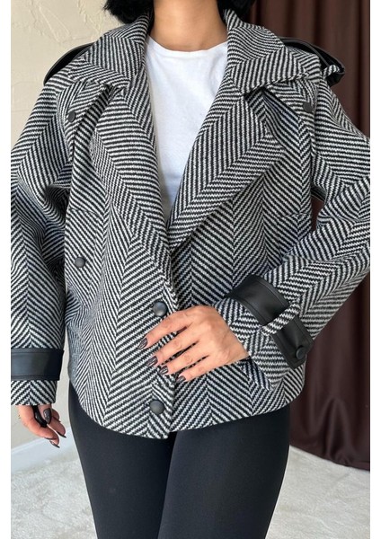 Gri Çizgili Deri Garnili Ceket fiyatları