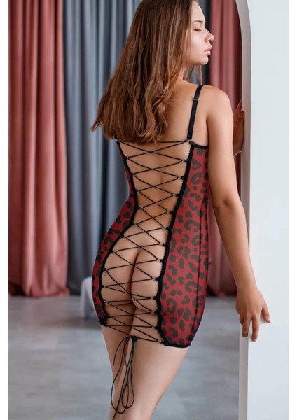 Sırt Dekolteli Transparan Kırmızı Leopar Gecelik modelleri