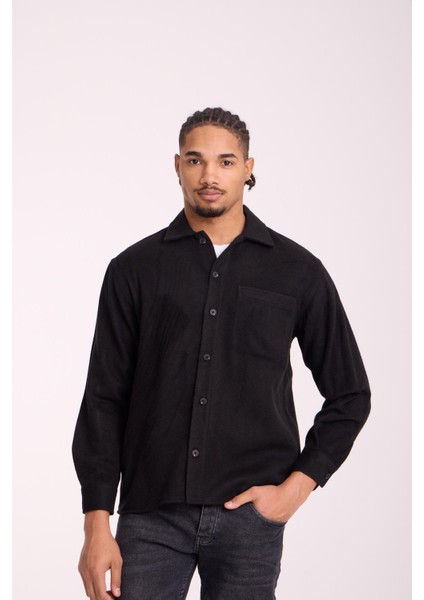 Frankel Kaşe Kumaş Tek Cepli Relaxed Fit Erkek Gömlek - Siyah fırsatları