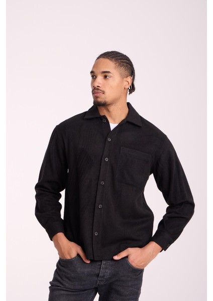Frankel Kaşe Kumaş Tek Cepli Relaxed Fit Erkek Gömlek - Siyah