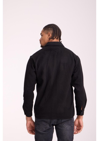 Frankel Kaşe Kumaş Tek Cepli Relaxed Fit Erkek Gömlek - Siyah