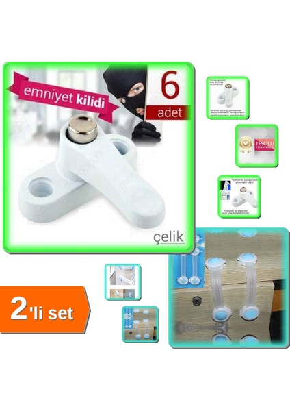 Çelik Pvc Kapı - Pencere Emniyet Kilidi 6 Adet + Çocuk Güvenlik Dolap - Çekmece Kilidi 2li V6N2YT