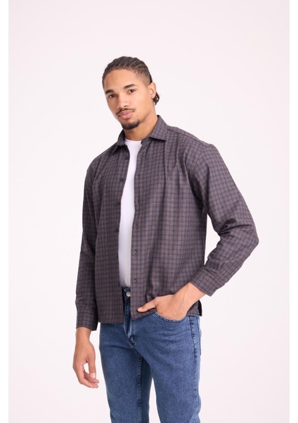 Alfonso Ekose Büyük Kareli Relaxed Fit %100 Pamuklu Flanel Kumaş Erkek Gömlek - Kahve fiyatları