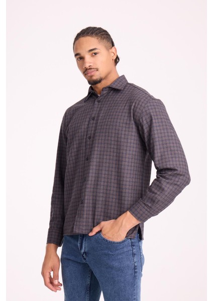 Alfonso Ekose Büyük Kareli Relaxed Fit %100 Pamuklu Flanel Kumaş Erkek Gömlek - Kahve indirimleri