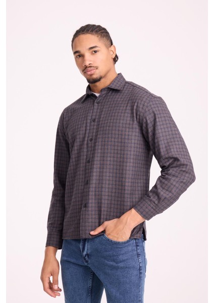 Alfonso Ekose Büyük Kareli Relaxed Fit %100 Pamuklu Flanel Kumaş Erkek Gömlek - Kahve