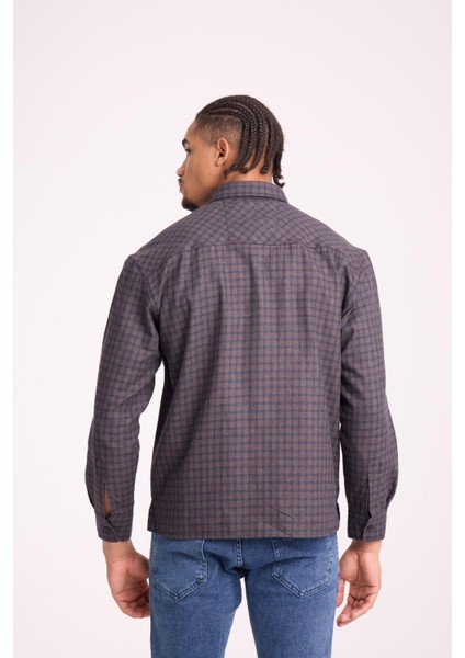 Alfonso Ekose Büyük Kareli Relaxed Fit %100 Pamuklu Flanel Kumaş Erkek Gömlek - Kahve