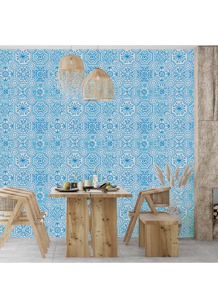 Mavi Çini Desenli Duvar Kağıdı -Isı ve Ses Yalıtımı Yırtılmaz modelleri