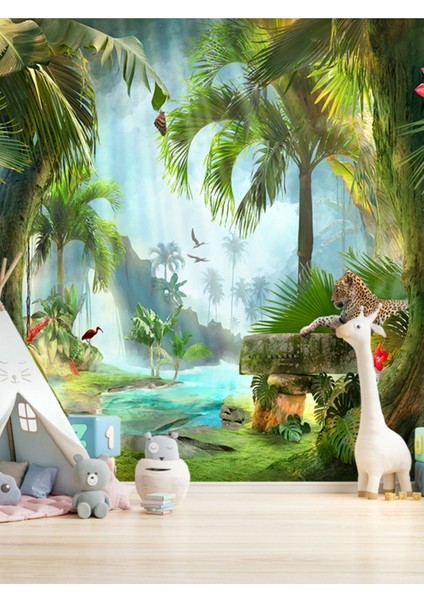 Tropik Hayvanlar Desenli Isı ve Ses Yalıtımlı Sağlıklı Tekstil Duvar Kağıdı