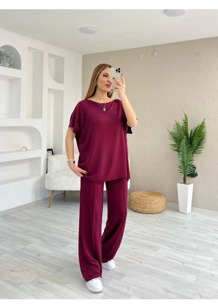 Kadın Kısa Kollu Kayık Yakalı Dikiş Izi Detaylı Viskon Iki Iplik Bluz ve Pantolon Ikili Takım