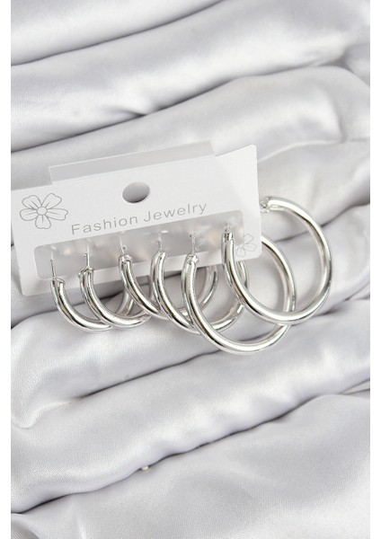 Pirinç Halka Model Gümüş Renk Kadın Set Küpe - TJ-BKP11042