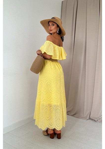 Sarı Omzu Lastikli Brode Elbise fiyatları