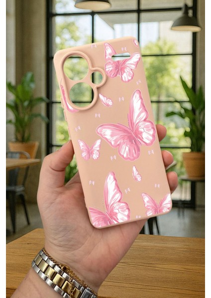 Redmi Note 13 Pro Plus Pembe Kelebek Desenli Silikon Darbe Emici Klasik Korumalı Rubber Kılıf