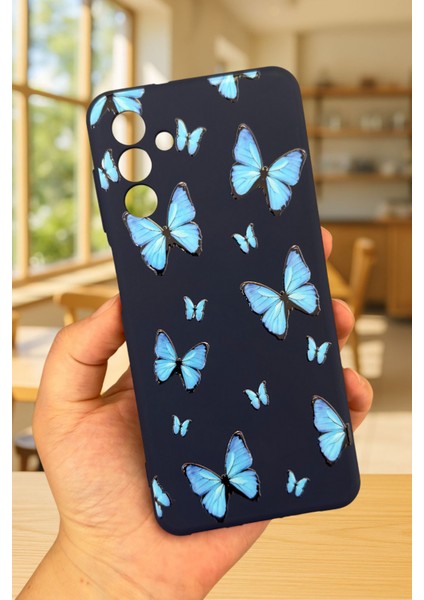 Samsung Galaxy A04S Uyumlu Mavi Kelebek Desenli Silikon Darbe Emici Klasik Korumalı Rubber Kılıf