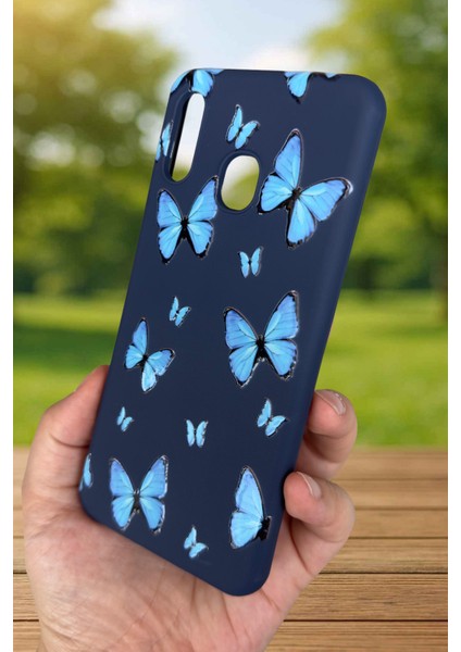 Samsung Galaxy A20 Uyumlu Mavi Kelebek Desenli Silikon Darbe Emici Klasik Korumalı Rubber Kılıf modelleri
