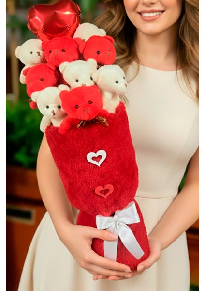 Öğretmen'e Hediye: Deluxe Kırmızı-Beyaz Peluş Ayıcık Kalp Balonlu Peluş Vazo Tasarımlı Ayıcık Buketi