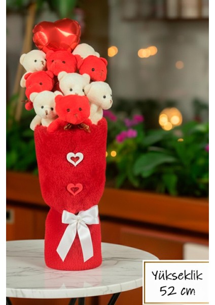 Öğretmen'e Hediye: Deluxe Kırmızı-Beyaz Peluş Ayıcık Kalp Balonlu Peluş Vazo Tasarımlı Ayıcık Buketi fiyatları