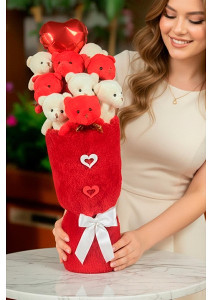 Öğretmen'e Hediye: Deluxe Kırmızı-Beyaz Peluş Ayıcık Kalp Balonlu Peluş Vazo Tasarımlı Ayıcık Buketi modelleri