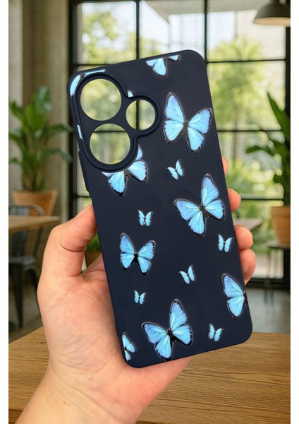 Xiaomi Redmi 13 4g Mavi Kelebek Desenli Silikon Darbe Emici Klasik Korumalı Rubber Kılıf