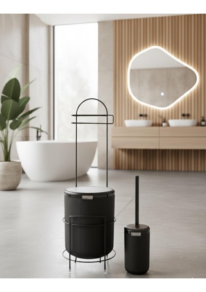 Siyah Stantlı Wc Kağıtlık Lineayuvarlak Çöp Kovası ve Wc Fırça Seti