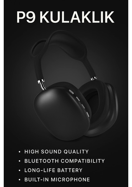 P9 Bluetooth 5.0 Kablosuz Siyah Kulaklık Mikrofonlu Uzun Pil Yüksek Bass Anc