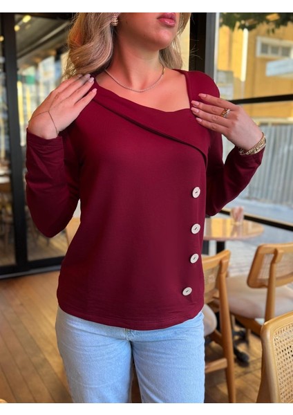 Kadın Uzun Kollu Geometrik Yaka Detay Yandan Düğmeli Viskon Iki Iplik Bluz fiyatları