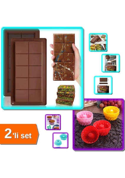 Meşhur Dubai Tablet Çikolata Kalıbı + 6'lı Muffin Silikon Kalıp Seti - Evde Pastane Keyfi X7H9KP